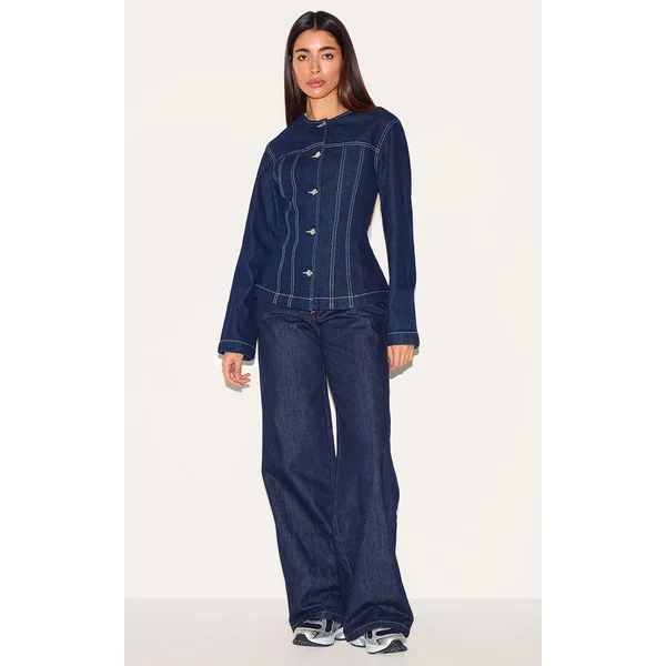 Indigo Veste En Jean Cintrée À Manches Longues Avec Surpiqûres Contrastées