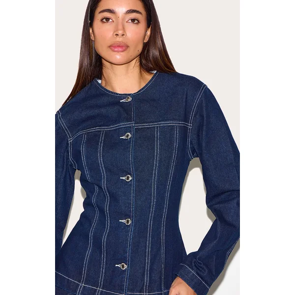 Indigo Veste En Jean Cintrée À Manches Longues Avec Surpiqûres Contrastées