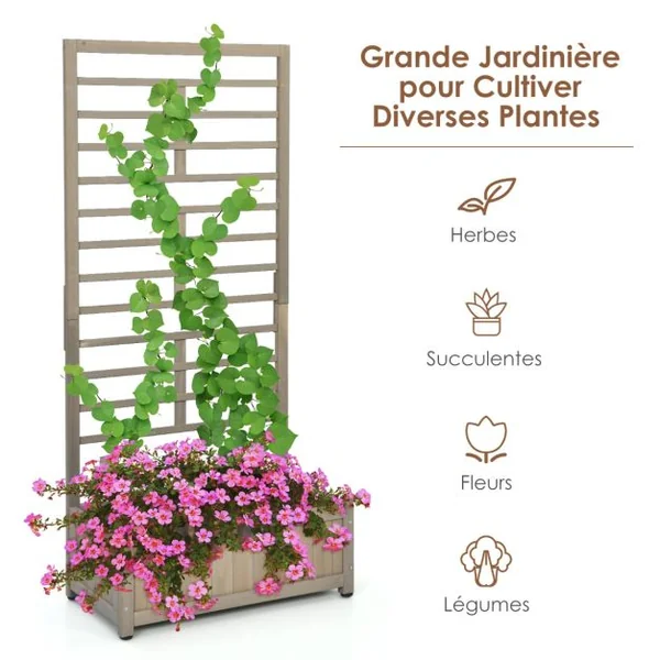 Jardinière avec Treillis en Bois de Sapin Pré-huilé 80 x 40 x 171 CM Bac à Fleurs pour Plante Grimpante avec Fond Amovible