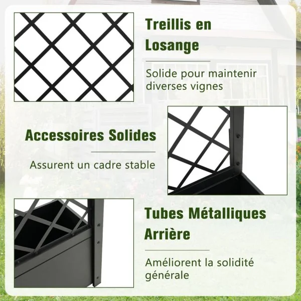 Jardinière avec Treillis en Métal Charge 10KG pour Plante Grimpante Lit de Jardin Surélevé Résistance aux Intempéries 63 x 31 x 124 cm Noir