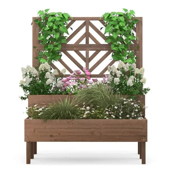 Jardinière avec Treillis à 2 Niveaux en Bois de Sapin Bac à Fleurs Rectangulaire avec Trou de Drainage pour Plante Grimpante Café