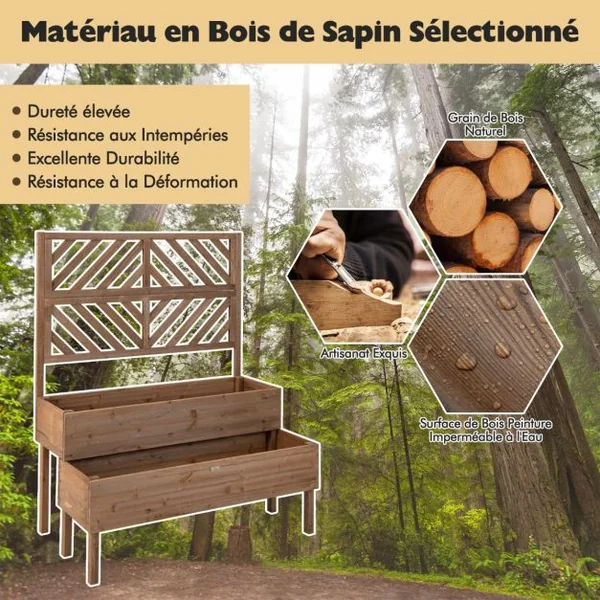 Jardinière avec Treillis à 2 Niveaux en Bois de Sapin Bac à Fleurs Rectangulaire avec Trou de Drainage pour Plante Grimpante Café
