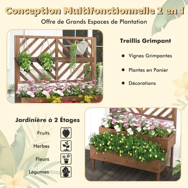 Jardinière avec Treillis à 2 Niveaux en Bois de Sapin Bac à Fleurs Rectangulaire avec Trou de Drainage pour Plante Grimpante Café