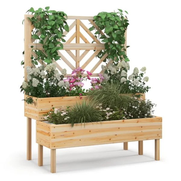 Jardinière avec Treillis à 2 Niveaux en Bois de Sapin Bac à Fleurs Rectangulaire avec Trou de Drainage pour Plante Grimpante