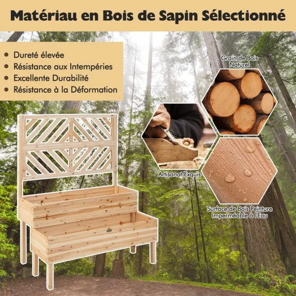 Jardinière avec Treillis à 2 Niveaux en Bois de Sapin Bac à Fleurs Rectangulaire avec Trou de Drainage pour Plante Grimpante