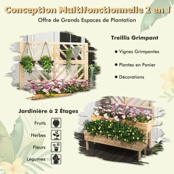 Jardinière avec Treillis à 2 Niveaux en Bois de Sapin Bac à Fleurs Rectangulaire avec Trou de Drainage pour Plante Grimpante