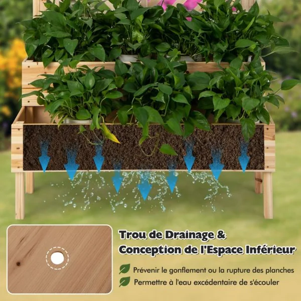 Jardinière avec Treillis à 2 Niveaux en Bois de Sapin Bac à Fleurs Rectangulaire avec Trou de Drainage pour Plante Grimpante