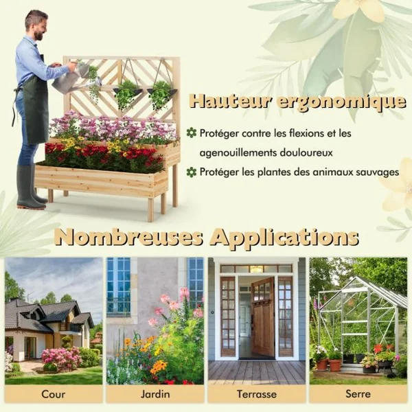 Jardinière avec Treillis à 2 Niveaux en Bois de Sapin Bac à Fleurs Rectangulaire avec Trou de Drainage pour Plante Grimpante