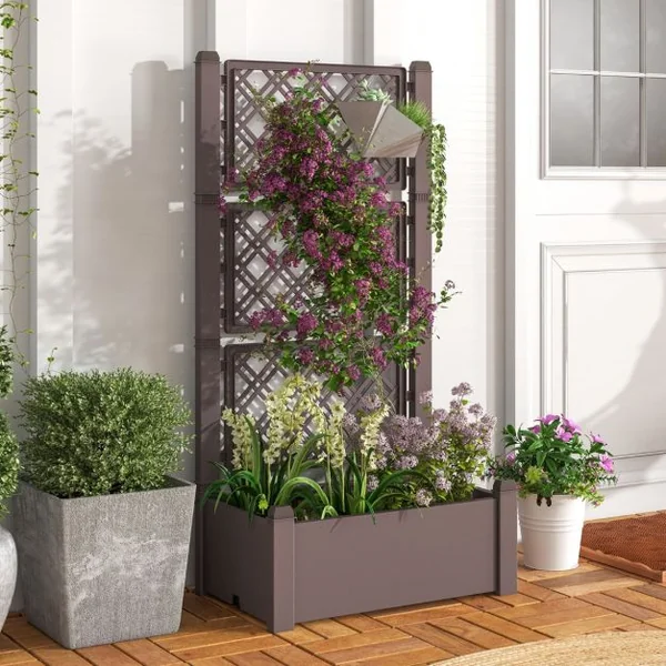Jardinière avec Treillis à 3 Hauteurs à Arrosage Automatique Lit de Jardin Surélevé avec Indicateur de Niveau d'Eau Blanc et Gris