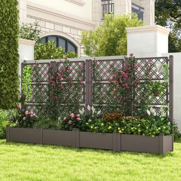 Jardinière avec Treillis à 3 Hauteurs à Arrosage Automatique Lit de Jardin Surélevé avec Indicateur de Niveau d'Eau Blanc et Gris