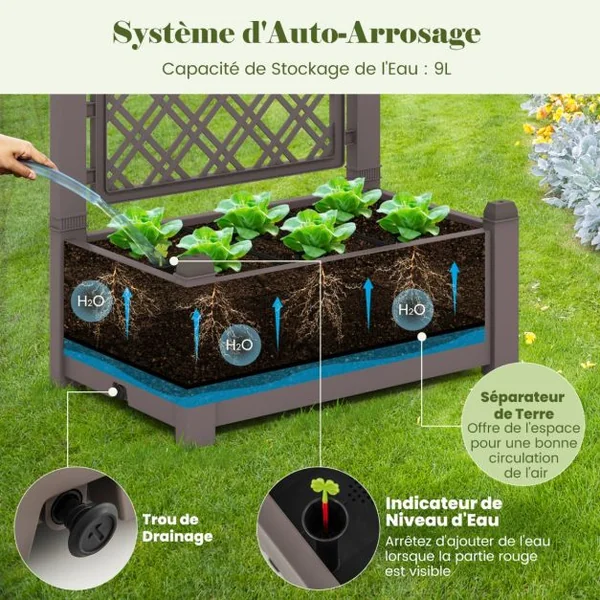Jardinière avec Treillis à 3 Hauteurs à Arrosage Automatique Lit de Jardin Surélevé avec Indicateur de Niveau d'Eau Blanc et Gris