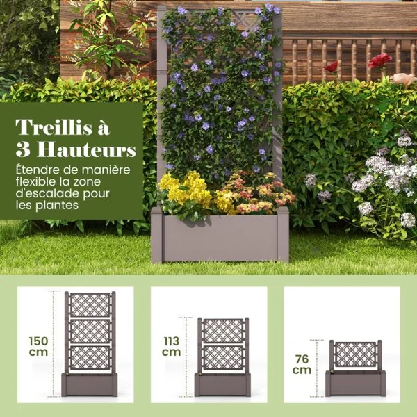 Jardinière avec Treillis à 3 Hauteurs à Arrosage Automatique Lit de Jardin Surélevé avec Indicateur de Niveau d'Eau Blanc et Gris