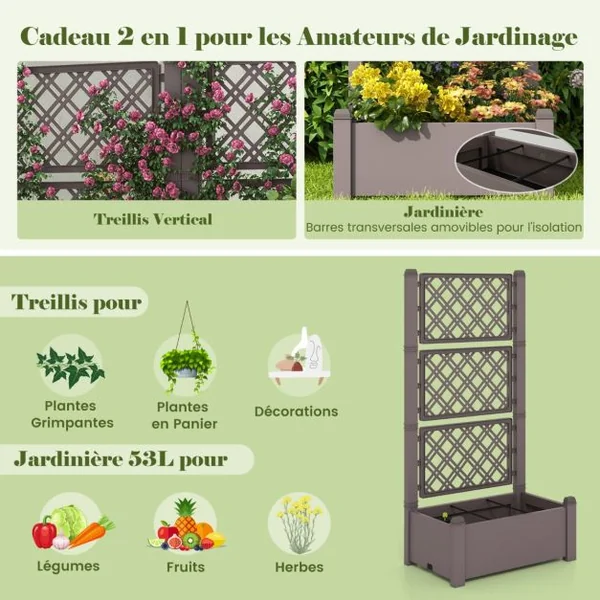 Jardinière avec Treillis à 3 Hauteurs à Arrosage Automatique Lit de Jardin Surélevé avec Indicateur de Niveau d'Eau Blanc et Gris
