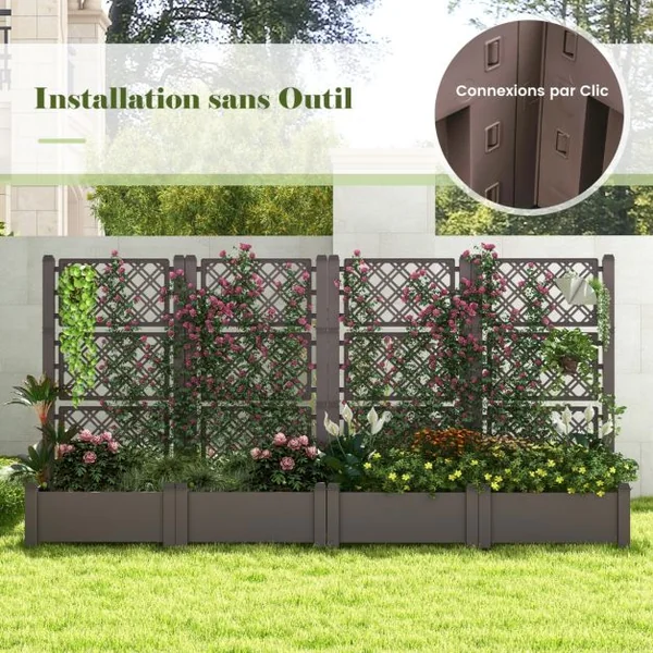 Jardinière avec Treillis à 3 Hauteurs à Arrosage Automatique Lit de Jardin Surélevé avec Indicateur de Niveau d'Eau Blanc et Gris