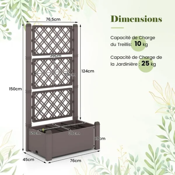 Jardinière avec Treillis à 3 Hauteurs à Arrosage Automatique Lit de Jardin Surélevé avec Indicateur de Niveau d'Eau Blanc et Gris