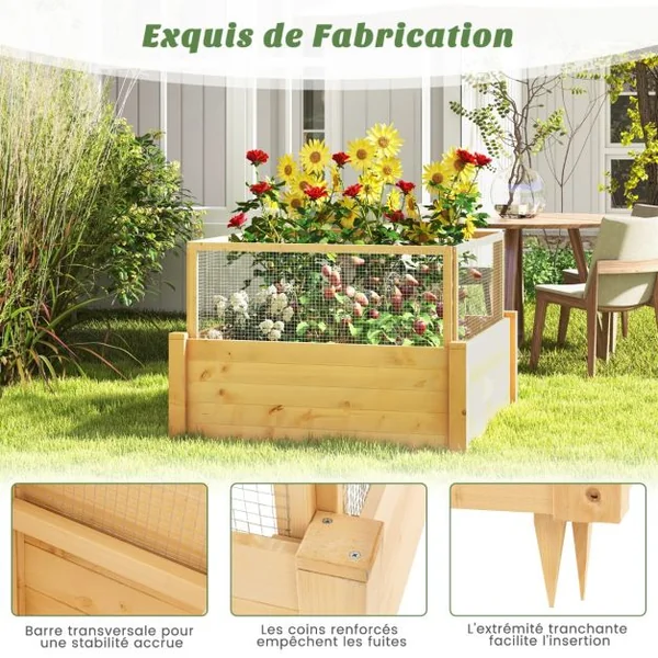 Jardinière Carre Potager Extérieur en Bois de Sapin avec Clôture de Protection et Grille de Culture pour Fleur Légume Fruit