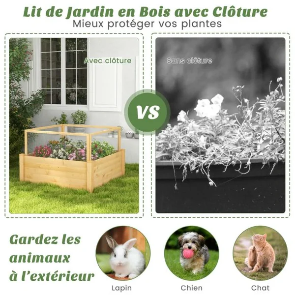 Jardinière Carre Potager Extérieur en Bois de Sapin avec Clôture de Protection et Grille de Culture pour Fleur Légume Fruit