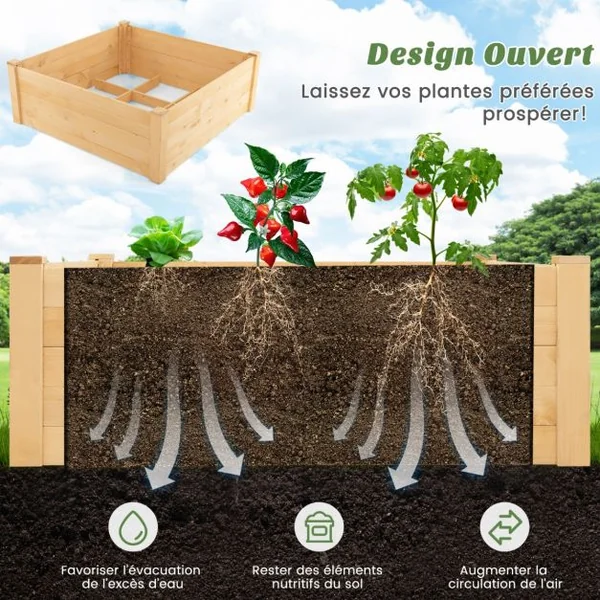 Jardinière Carre Potager Extérieur en Bois de Sapin avec Clôture de Protection et Grille de Culture pour Fleur Légume Fruit