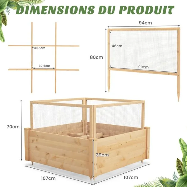 Jardinière Carre Potager Extérieur en Bois de Sapin avec Clôture de Protection et Grille de Culture pour Fleur Légume Fruit