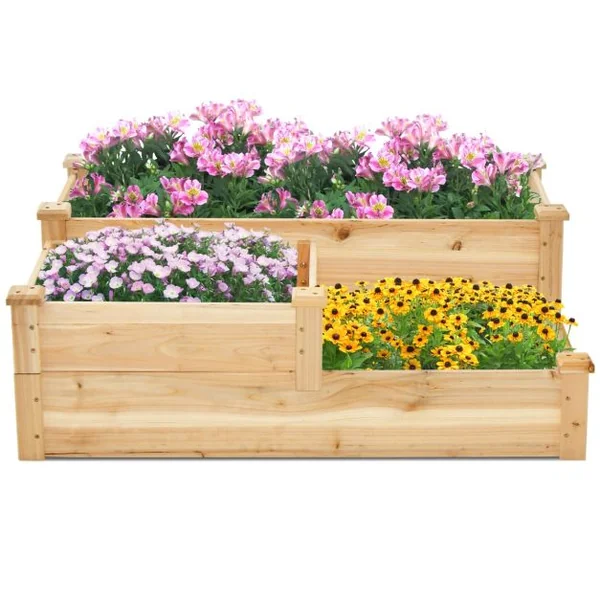 Jardinière Carré Potager à 3 Niveaux en Bois de Sapin Jardinière Surélevée avec Base Ouverte pour Légume/Fruit 107,5x87x37CM