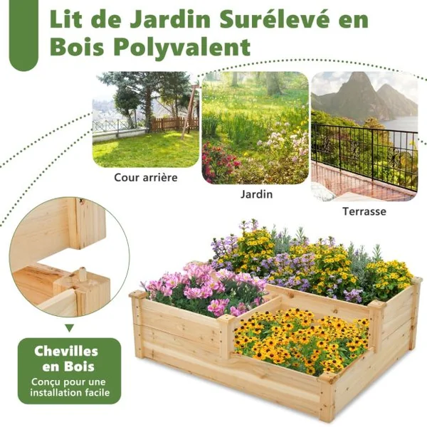 Jardinière Carré Potager à 3 Niveaux en Bois de Sapin Jardinière Surélevée avec Base Ouverte pour Légume/Fruit 107,5x87x37CM