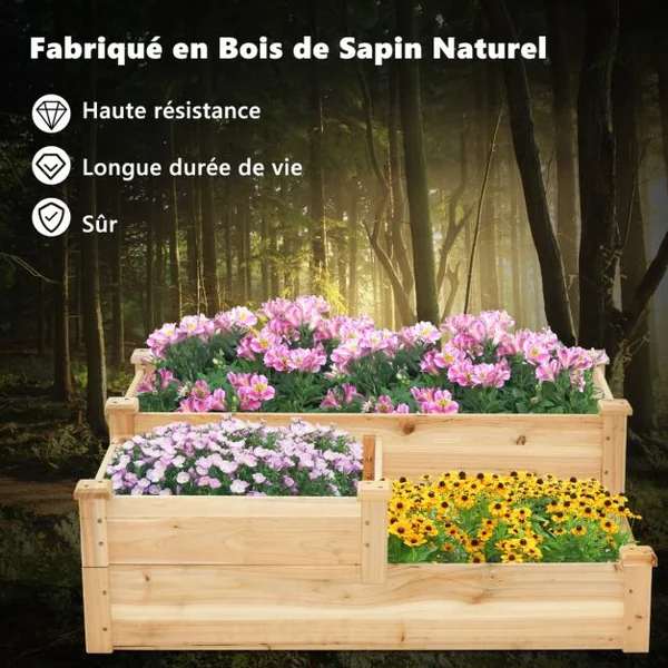 Jardinière Carré Potager à 3 Niveaux en Bois de Sapin Jardinière Surélevée avec Base Ouverte pour Légume/Fruit 107,5x87x37CM
