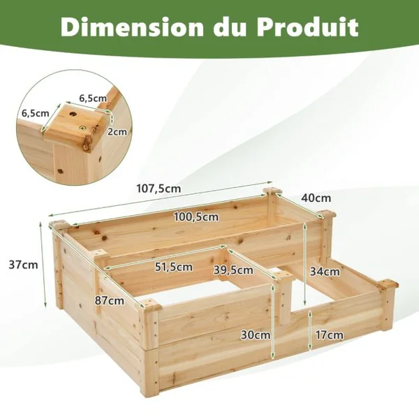 Jardinière Carré Potager à 3 Niveaux en Bois de Sapin Jardinière Surélevée avec Base Ouverte pour Légume/Fruit 107,5x87x37CM