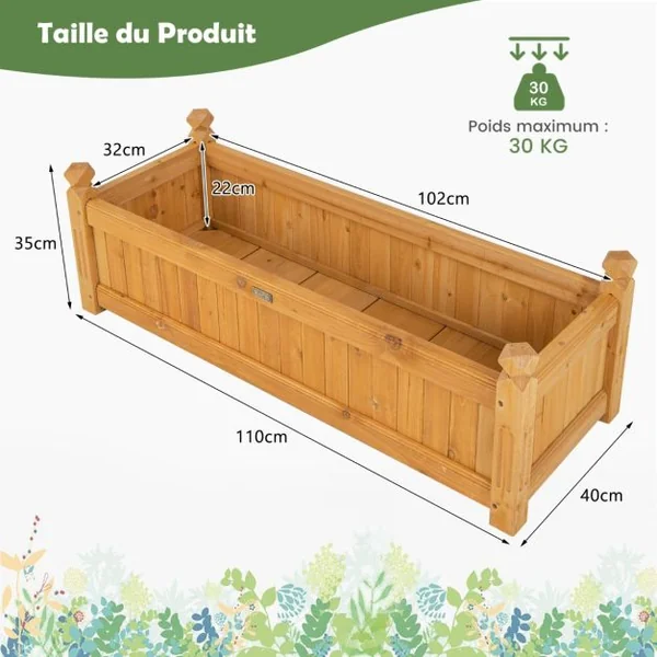 Jardinière Rectangulaire en Bois de Sapin Pré-huilé avec Système de Drainage 110x40x35 CM Bac à Fleurs pour Légumes/Herbes