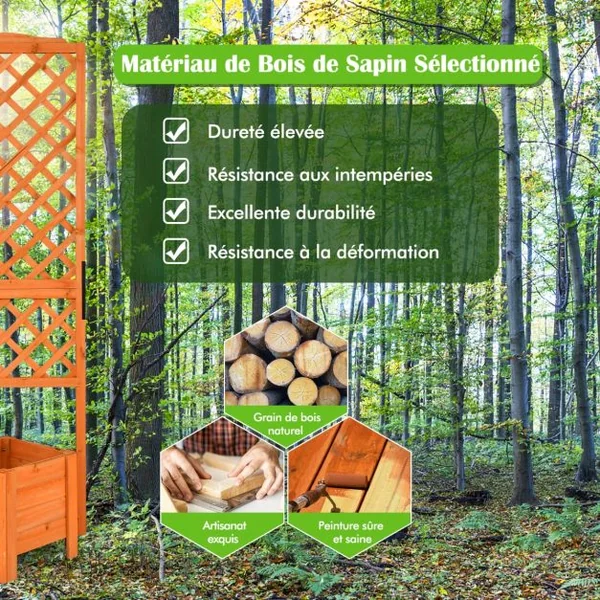 Jardinière sur pied avec Treillis en Bois de Sapin 54,5x52x180CM Bac à Fleurs avec Trous de Drainage pour Plantes Grimpantes