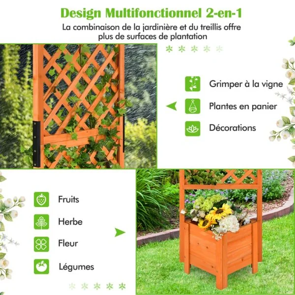 Jardinière sur pied avec Treillis en Bois de Sapin 54,5x52x180CM Bac à Fleurs avec Trous de Drainage pour Plantes Grimpantes