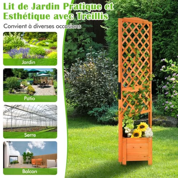 Jardinière sur pied avec Treillis en Bois de Sapin 54,5x52x180CM Bac à Fleurs avec Trous de Drainage pour Plantes Grimpantes