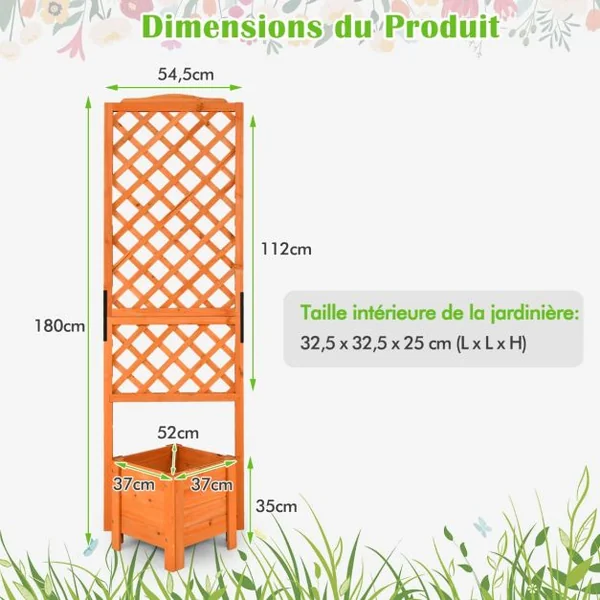 Jardinière sur pied avec Treillis en Bois de Sapin 54,5x52x180CM Bac à Fleurs avec Trous de Drainage pour Plantes Grimpantes