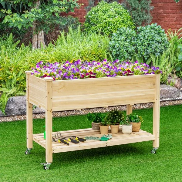 Jardinière sur Pieds en Bois de Sapin 120x59x84 cm Potager sur roulettes avec Doublure de Protection et 4 Trous de Drainage