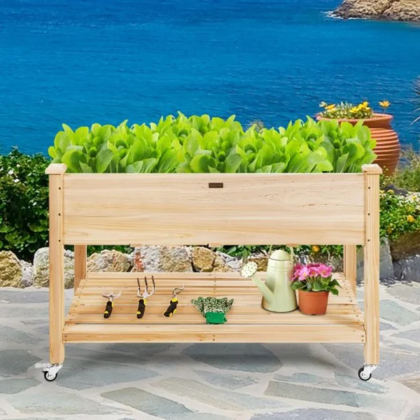 Jardinière sur Pieds en Bois de Sapin 120x59x84 cm Potager sur roulettes avec Doublure de Protection et 4 Trous de Drainage