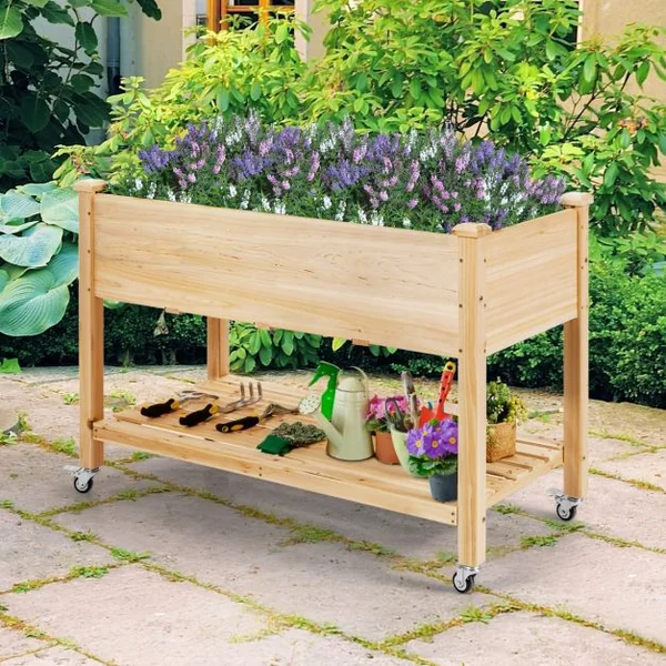Jardinière sur Pieds en Bois de Sapin 120x59x84 cm Potager sur roulettes avec Doublure de Protection et 4 Trous de Drainage