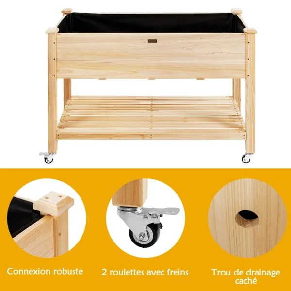 Jardinière sur Pieds en Bois de Sapin 120x59x84 cm Potager sur roulettes avec Doublure de Protection et 4 Trous de Drainage