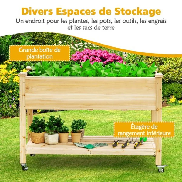Jardinière sur Pieds en Bois de Sapin 120x59x84 cm Potager sur roulettes avec Doublure de Protection et 4 Trous de Drainage