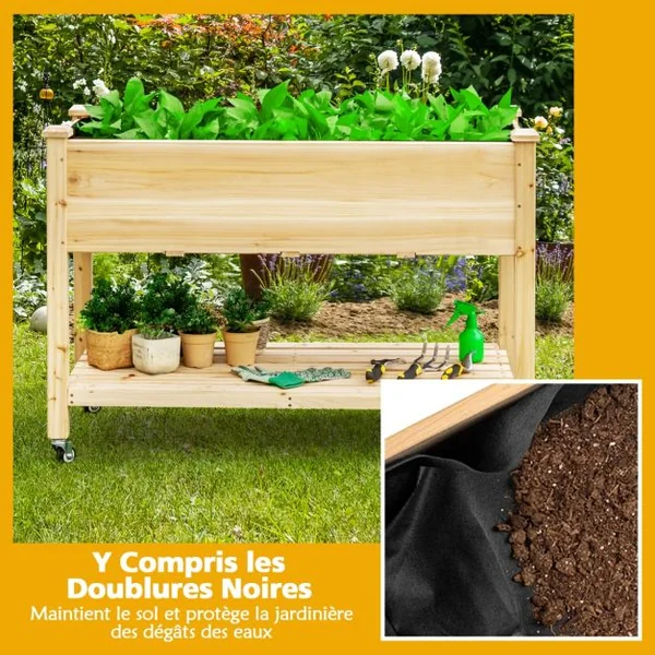 Jardinière sur Pieds en Bois de Sapin 120x59x84 cm Potager sur roulettes avec Doublure de Protection et 4 Trous de Drainage