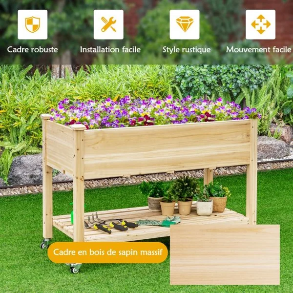 Jardinière sur Pieds en Bois de Sapin 120x59x84 cm Potager sur roulettes avec Doublure de Protection et 4 Trous de Drainage