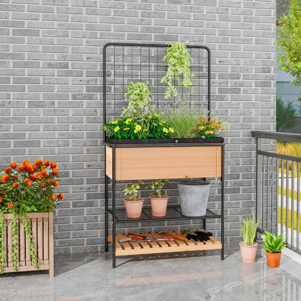 Jardinière Surélevé en Bois avec Treillis Séparateur Amovible à 8 Grilles Étagère à 2 Niveaux Cadre en Métal 80x38x150cm Naturel