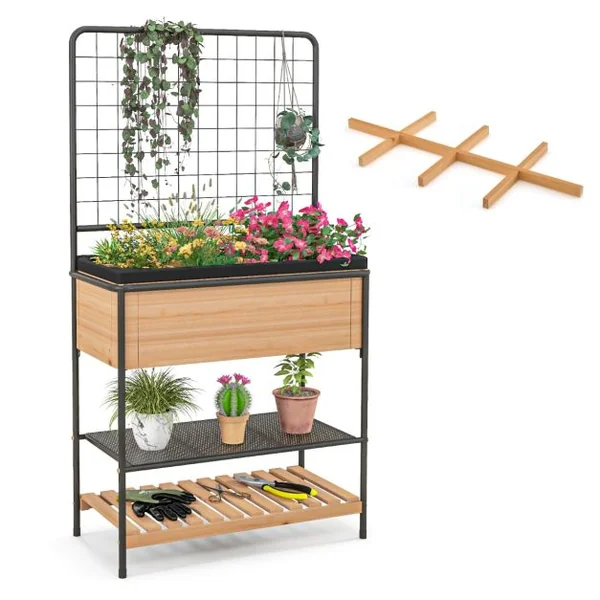Jardinière Surélevé en Bois avec Treillis Séparateur Amovible à 8 Grilles Étagère à 2 Niveaux Cadre en Métal 80x38x150cm Naturel