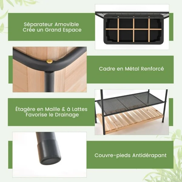Jardinière Surélevé en Bois avec Treillis Séparateur Amovible à 8 Grilles Étagère à 2 Niveaux Cadre en Métal 80x38x150cm Naturel