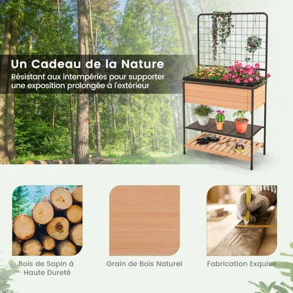 Jardinière Surélevé en Bois avec Treillis Séparateur Amovible à 8 Grilles Étagère à 2 Niveaux Cadre en Métal 80x38x150cm Naturel