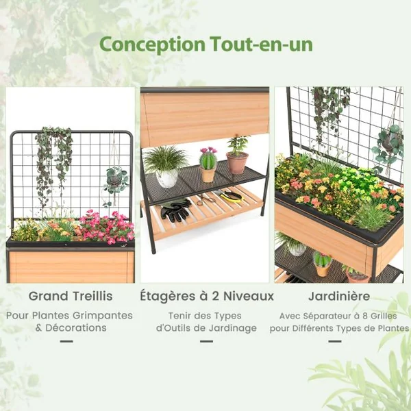Jardinière Surélevé en Bois avec Treillis Séparateur Amovible à 8 Grilles Étagère à 2 Niveaux Cadre en Métal 80x38x150cm Naturel