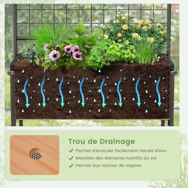 Jardinière Surélevé en Bois avec Treillis Séparateur Amovible à 8 Grilles Étagère à 2 Niveaux Cadre en Métal 80x38x150cm Naturel