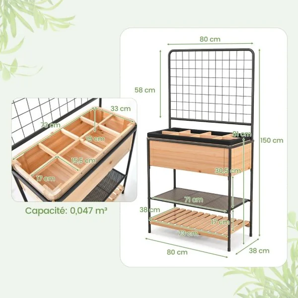 Jardinière Surélevé en Bois avec Treillis Séparateur Amovible à 8 Grilles Étagère à 2 Niveaux Cadre en Métal 80x38x150cm Naturel