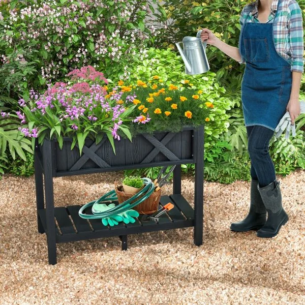 Jardinière Surélevé en HIPS Trous de Drainage Étagère de Rangement Inférieure Barres Transversales Renforcées Noir