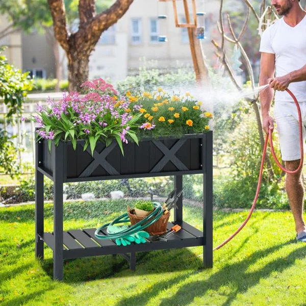 Jardinière Surélevé en HIPS Trous de Drainage Étagère de Rangement Inférieure Barres Transversales Renforcées Noir