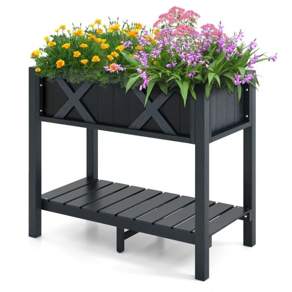 Jardinière Surélevé en HIPS Trous de Drainage Étagère de Rangement Inférieure Barres Transversales Renforcées Noir