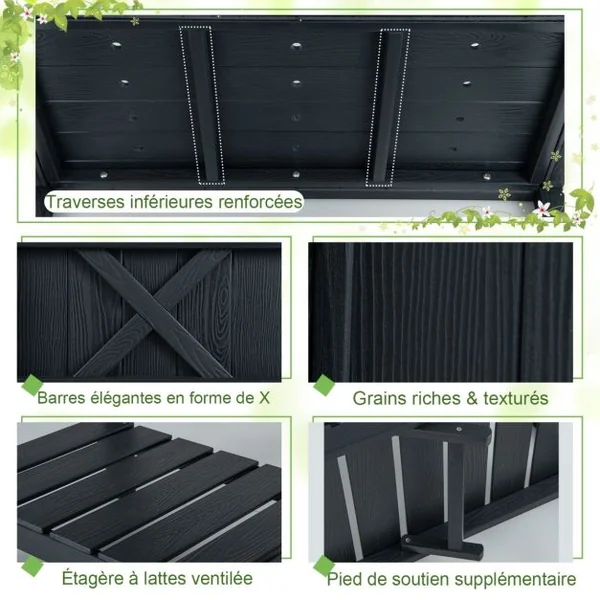 Jardinière Surélevé en HIPS Trous de Drainage Étagère de Rangement Inférieure Barres Transversales Renforcées Noir